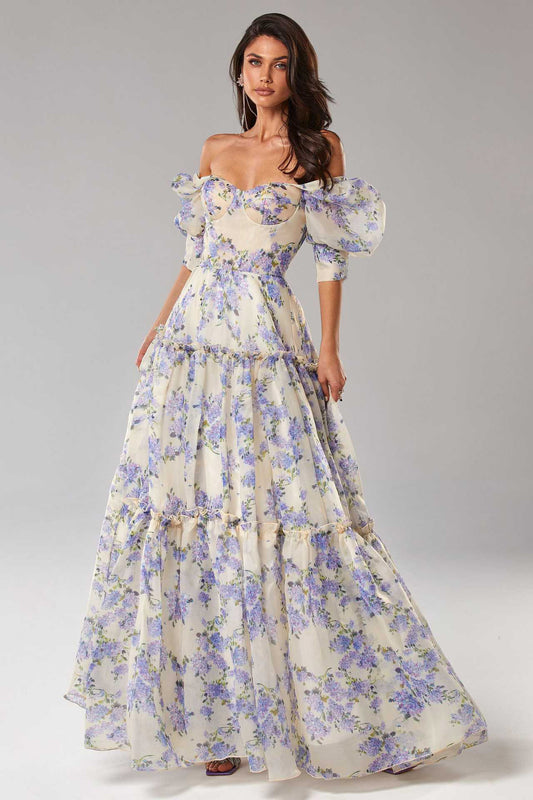 Viola™ | Lange jurk met bloemenprint en pof-mouw